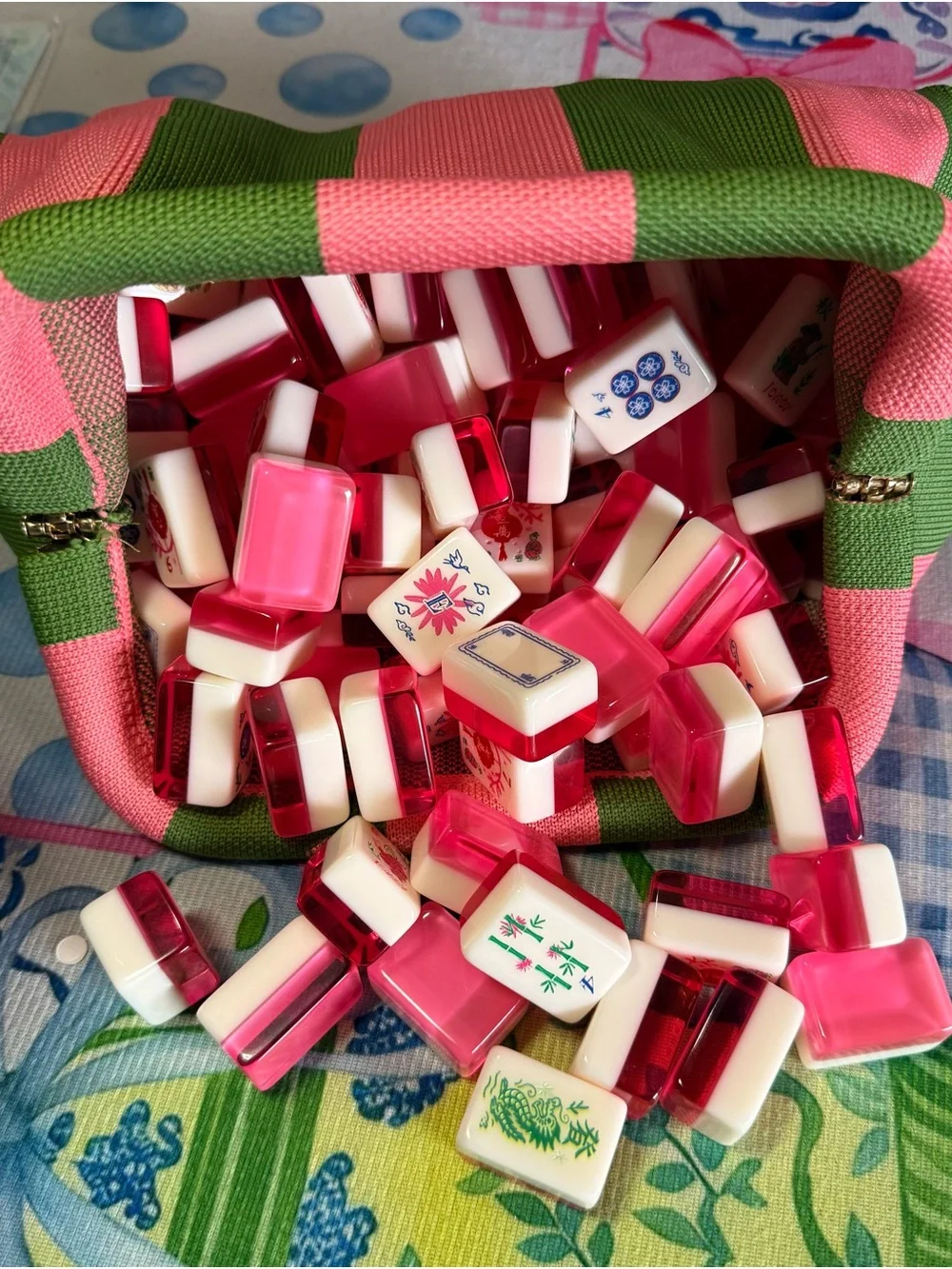 Pink and Green Striped Mahjong til Bag - (TILES NOT INCLUDED)